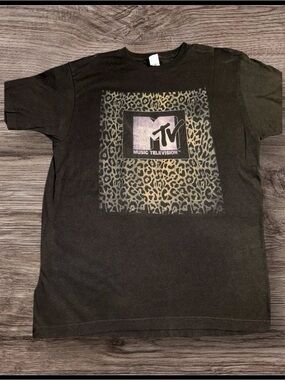 MTV Music Television Logo Leopard Print Graphic T-Shirt Black Size Large Tultex⁠